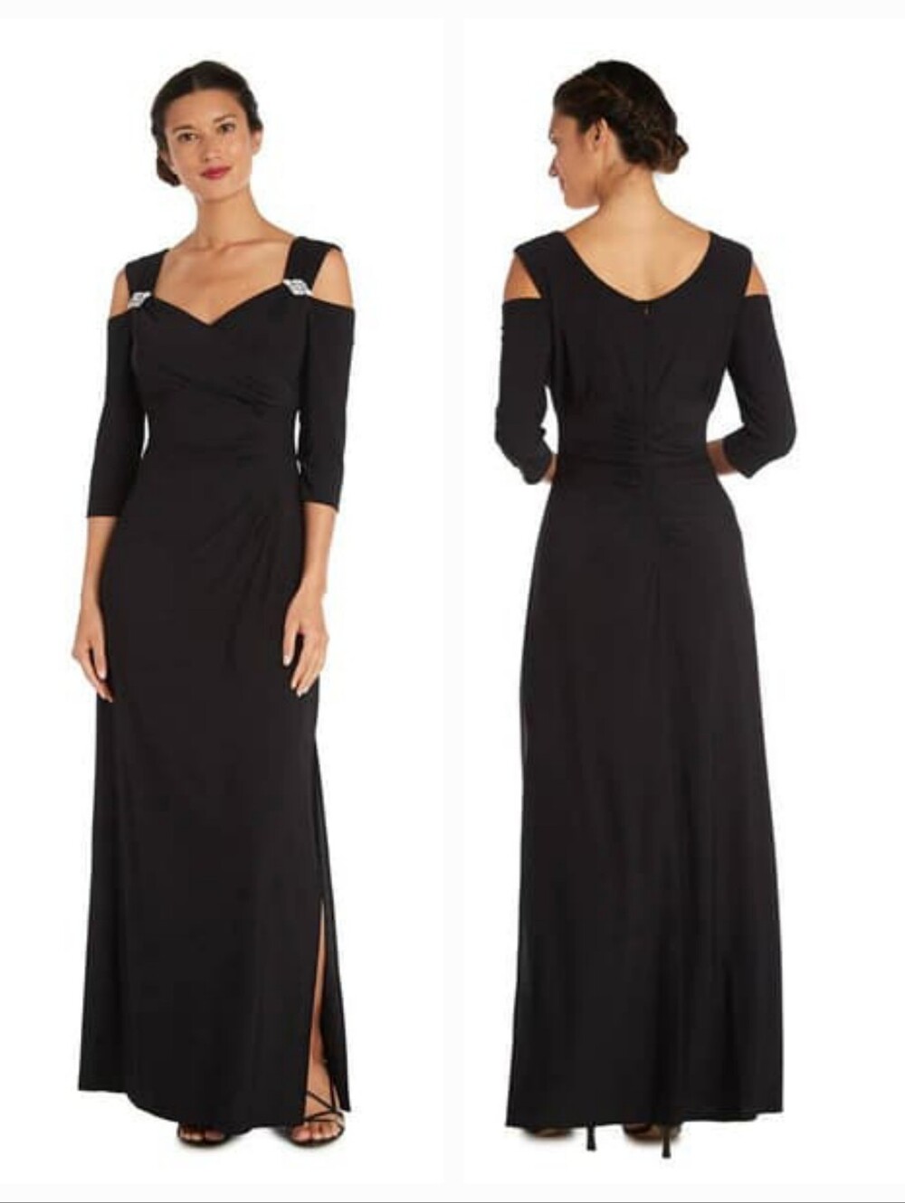 Womens R&M Richards Black Cold Shoulder Side Slit Evening Gown Size 14